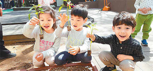 창원근로복지공단어린이집 아이들이 모종심기를 하고 있다. 식생활교육국민네트워크 제공