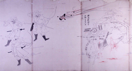 13세기 고려·몽골 연합군(왼쪽)과 일본군(오른쪽)이 싸우는 장면을 그린 ‘몽고습래회사’. 1816년 일본 화가가 그렸다. 국립제주박물관 제공