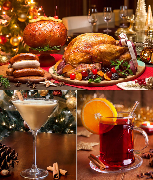 크리스마스 식탁을 풍성하게 해주는 음료와 음식들. 미국과 영국의 크리스마스 만찬 식탁의 주인공으로 꼽히는 ‘칠면조 구이’(위쪽), 북미 지역, 특히 미국에서 칠면조 구이와 함께 크리스마스를 상징하는 음료인 ‘에그노그’(아래 왼쪽), 유럽 지역에서 겨울철과 크리스마스에 즐겨 마시는 포도주를 끓여 만드는 음료 ‘뱅쇼(글뤼바인)’(아래 오른쪽).
