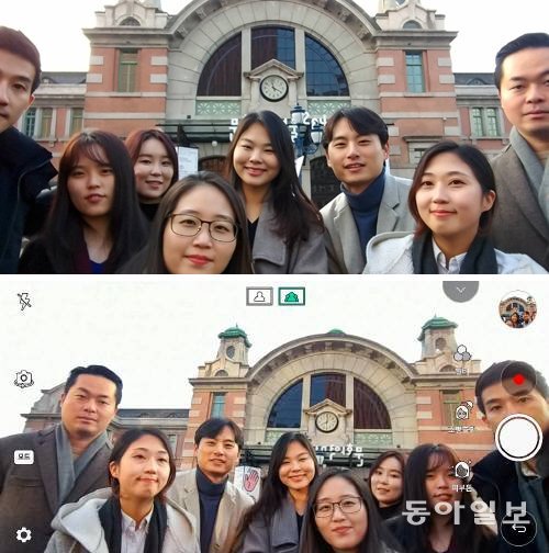 서울역에서 일반각을 이용한 친구들과의 추억(위쪽 사진)과 광각을 사용해 모두를 담았다.