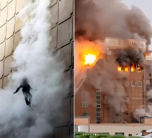 사진=필사의 탈출 21일 충북 제천시 스포츠센터 건물에서 큰불이 나 연기가 치솟는 가운데 창문으로 빠져나온 남성이 에어매트 위로 뛰어내리고 있다(왼쪽 사진). 건물 8층 창문으로 시뻘건 화염이 삐져나오고 건물 전체를 검은 연기가 휘감고 있다. 이날 화재로 29명이 숨졌다. YTN 캡처·인스타그램 동영상 캡처