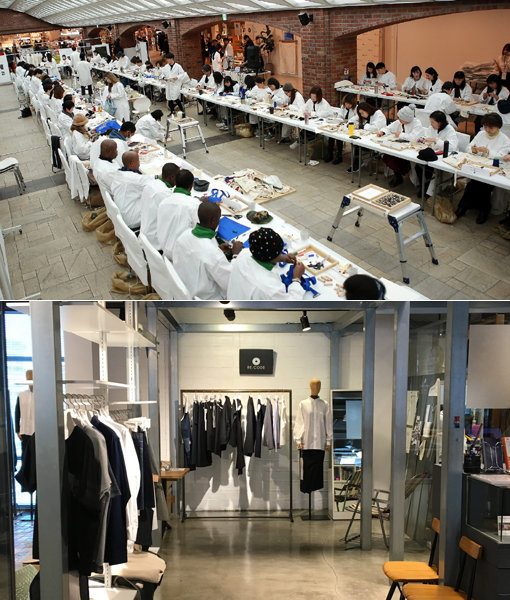 최근 서울 명동성당 나눔의 공간에서 열린 래코드 ‘더 화이트 파티’ 모습(위쪽)과 서울 이태원 소재 래코드 매장 내부 전경. 사진제공｜코오롱FnC