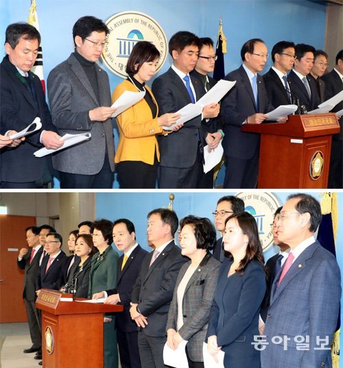 초선들 개헌 관련 회견 더불어민주당(위쪽 사진)과 자유한국당 초선 의원들이 26일 국회에서 각각 
기자회견을 열어 개헌 문제에 대해 서로를 비판했다. 민주당 측은 “내년 2월 말까지 개헌안을 도출해야 한다”고 촉구한 반면, 
한국당 측에선 “지방선거에 이용하려고 졸속 개헌을 하겠다는 것”이라고 주장했다. 최혁중 기자 sajinman@donga.com