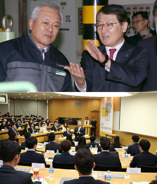 금융권 리더들의 ‘소통 경영’ 행보가 눈에 띈다. 위성호 신한은행장(위쪽 사진 오른쪽)이 경기도 안산시 소재 기업을 방문해 생산시설을 둘러보고 있다. 윤종규 KB금융지주 회장은 사내 직원 기자단과 함께 한 ‘CEO와의 대화’에서 질의에 답변하고 있다. 사진제공｜신한은행·KB국민은행