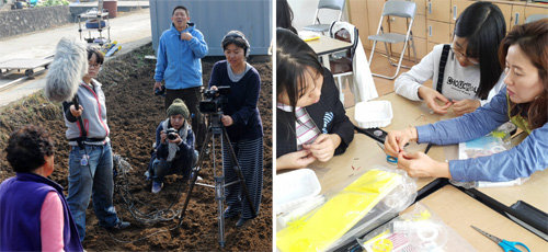 ‘2017년 대한민국 농촌재능나눔 대상’ 시상식에서 개인 부문 대상을 받은 영화기획사 ‘마을영화’ 이은경 대표가 농촌 마을에서 영화를 제작하고 있다(왼쪽 사진). 단체 부문 대상을 받은 한국수력원자력 한빛원자력본부는 다문화 가정 등에 교육 프로그램 등을 지원했다. 한국농어촌공사 제공