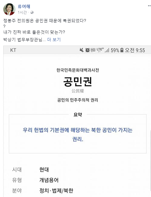 류여해 전 자유한국당 최고위원 페이스북