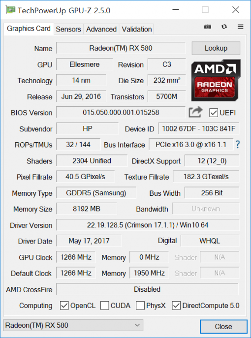 GPU-Z로 살펴본 라데온 RX 580의 상세 사양(출처=IT동아)