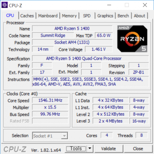 CPU-Z로 살펴본 라이젠5 1400의 상세 사양(출처=IT동아)