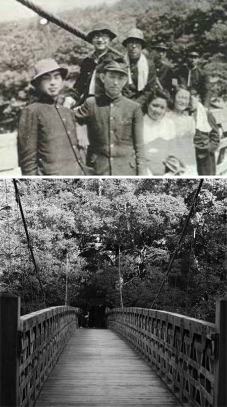 일본 교토 남쪽 우지(宇治)강 인근 아마가세 다리(아래쪽 사진)에서 친구들과 기념사진을 찍은 윤동주(위쪽 사진 앞줄 왼쪽에서 두 번째). 윤동주의 생전 모습이 담긴 마지막 사진이다. 이정은 사진작가 제공
