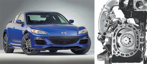 마쓰다가 스포츠카 ‘RX8’(왼쪽 사진)와 이 차에 사용한 로터리엔진. 마쓰다는 펠릭스 방켈이 개발한 로터리엔진을 성공적으로 개량해 다양한 차종에 적용한 유일한 브랜드다. 마쓰다 제공