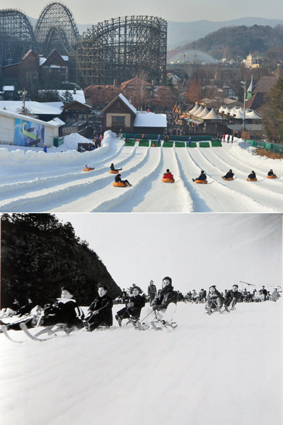 에버랜드 눈썰매장 스노우 버스터의 현재 모습-1988년 용인 자연농원 시절 눈썰매장 모습(아래). 사진제공｜에버랜드