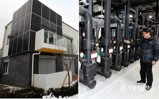 서울 노원구 EZ하우스는 전기나 난방연료가 많이 들지 않는 ‘제로 에너지 주택’이다. 외벽에는 자체적으로 전기를 만들 수 있는 
태양열 전지판이 부착돼 있고(왼쪽), 지하에는 지열을 난방에 활용하는 지열 히트 펌프가 있다. 안철민 기자 
acm08@donga.com