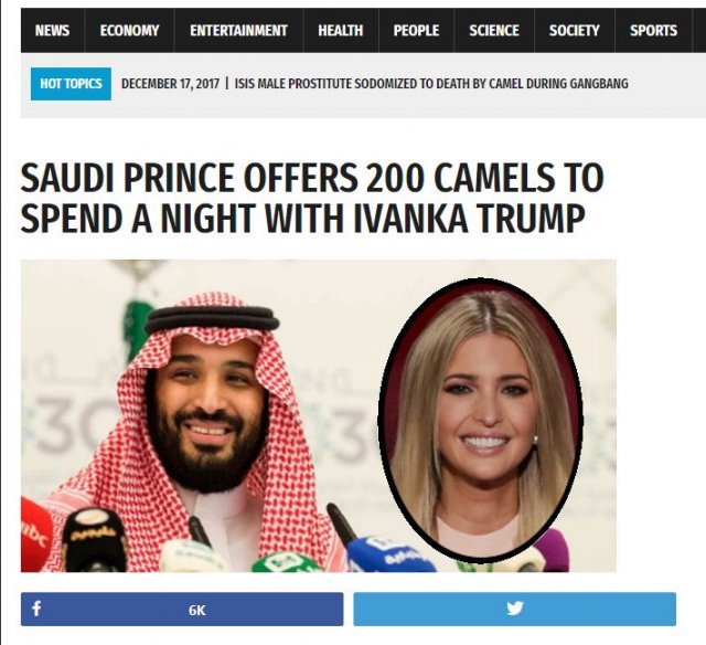 사우디의 한 왕자가 도널드 트럼프 미국 대통령의 장녀인 이방카와 하룻밤을 보내기 위해 낙타 200마리를보냈다는 가짜 뉴스. 월드뉴스데일리리포트닷컴 캡처