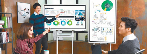 스마트 회의 ‘삼성 플립’ 삼성전자는 55인치 디스플레이가 탑재된 스마트 회의 솔루션 ‘삼성 플립’을 세계 최대 가전·전자전시회 ‘CES 2018’에서 처음 공개한다. 삼성전자 제공