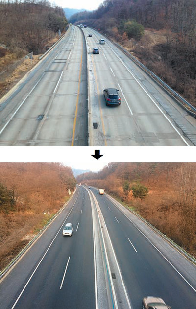 시설개량 공사 이전(위)과 이후(아래)의 영동고속도로 모습. 도공 측은 “낡은 콘크리트 노면이 아스팔트로 바뀌면서 주행이 더욱 안전해지고 승차감도 좋아졌다”고 밝혔다. 한국도로공사 제공