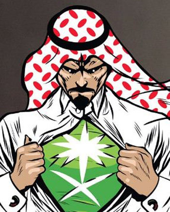 지난해 2월 사우디아라비아에서 처음 열린 만화페스티벌 ‘코믹콘’의 마스코트. 전통 두건을 둘러쓴 남성이 서양 슈퍼히어로가 하듯 상의를 걷어 제치며 교차하는 칼로 구성된 사우디 상징을 드러내 보이고 있다. 사진 출처 사우디 코믹콘 웹사이트