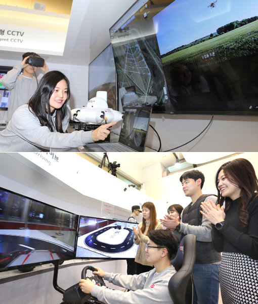 LG유플러스는 최근 서울 용산 사옥에 다양한 서비스를 경험할 수 있는 5G체험관을 열었다. 클라우드 드론 관제 시스템을 적용한 ‘5G 스마트 드론’(위쪽)과 무인자동차를 운전하는 ‘원격제어드라이브’. 사진제공｜LG유플러스