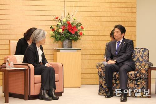 강경화(왼쪽) 외교부 장관을 만난 아베 일본 총리. 동아일보 DB