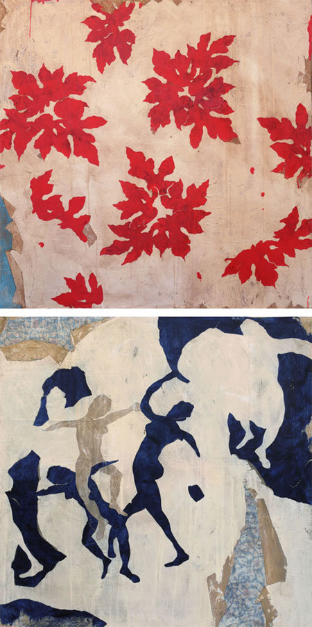 프랑스 화가 피에르마리 브리송의 ‘붉은 아칸서스(Acanthe rouge·150×150cm·왼쪽)’와 ‘아르카디아 댄스 (Danse Arcadie·120×120cm)’. 고대 벽화를 마주한 듯한 착각을 불러일으킨다. 올리비아박갤러리 제공