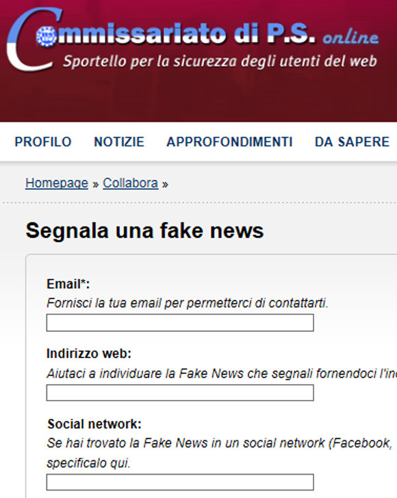 이탈리아 정부가 18일부터 운영 중인 가짜 뉴스 신고 온라인 포털 화면.