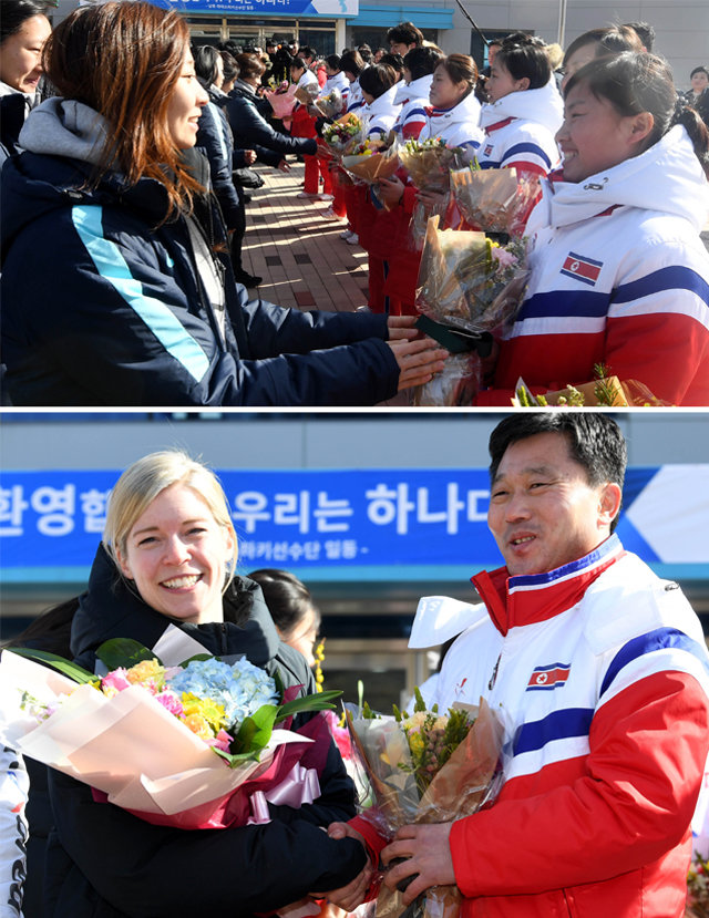 남북 선수들 “우리는 하나”… 꽃다발 주고받으며 첫 만남