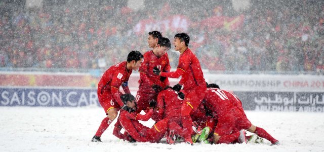 악천 후에도 베트남 U-23 전사들은 당당했다. 비록 우즈베키스탄에 밀려 2018 AFC U-23 챔피언십 준우승에 그쳤지만 위대한 도전에 모두가 찬사를 보낸다. 사진제공｜AFC