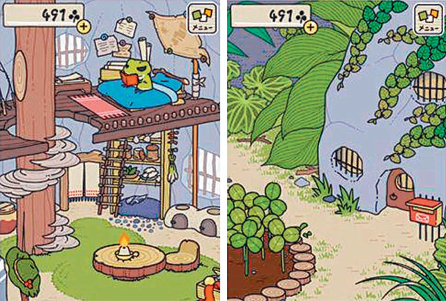 중국 젊은이들 사이에서 최근 폭발적 인기를 얻고 있는 스마트폰 게임 ‘여행개구리’. 청개구리가 집에서 시간을 보내다 여행을 
다녀오는 모습을 대체로 지켜보는 것 이외에 게임 이용자들이 할 수 있는 게 거의 없다. 결혼과 출산 의욕이 사라진 중국 젊은이들이
 게임 속 개구리의 성장을 통해 ‘부모 기분’만 내는 것이란 분석도 나온다. 여행개구리 게임 장면 캡처