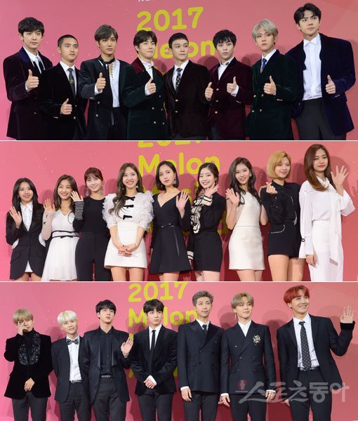 K-POP의 글로벌 인기를 이끌고 있는 인기 그룹 엑소(SM엔터테인먼트), 트와이스(JYP엔터테인먼트), 방탄소년단(빅히트엔터테인먼트)(위쪽부터). SK텔레콤은 인공지능(AI)을 포함한 미래 성장동력을 확보하기 위해 이들 스타들의 소속사와 신규 음악 플랫폼 론칭과 음원 B2B 유통을 위한 제휴를 맺었다. 스포츠동아DB