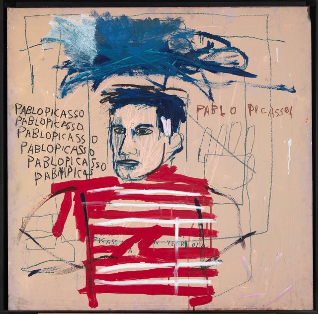 바스키아의 '무제(파블로 피카소)'(1983). 프라이빗 컬렉션, 이탈리아. 스트라이프 티셔츠를 즐겨 입은 피카소의 모습과 그의 이름을 반복적으로 적은 표현이 특징적이다.- 바비칸 아트 갤러리 제공·ⓒThe Estate of Jean-Michel Basquiat, Licensed by Artestar, New York