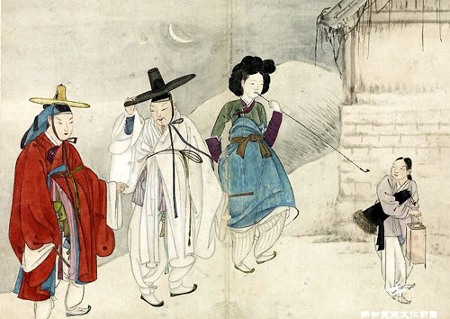 혜원 신윤복(1758∼?)의 그림 ‘야금모행(夜禁冒行·야간 통행금지를 무릅쓰고 가다)’. 그림 속 왼쪽 남성이 통금 위반을 단속하는 순라군(巡邏軍)이다. 갓 쓴 양반은 ‘봐 달라’는 모양새고, 여성은 담배만 피워댄다. 간송미술관 제공