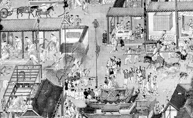 18세기 그림 ‘태평성시도’의 일부. 염소를 곁에 둔 농후자가 원숭이 두 마리로 공연하고 있다. 국립중앙박물관 제공