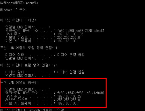 윈도우 'ipconfig' 실행 결과 (출처=IT동아)