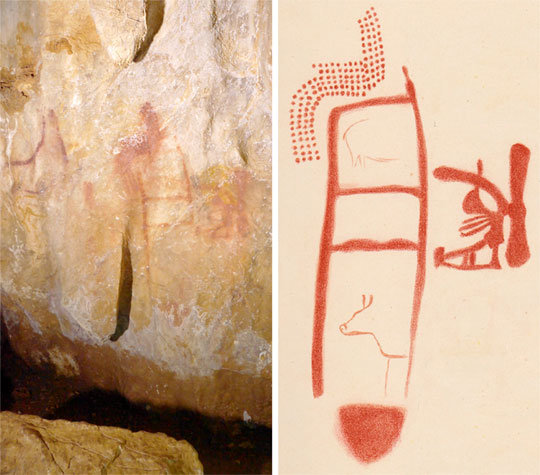영국과 독일, 스페인 공동 연구팀의 이번 연구 결과로 6만4000년 전 그림으로 밝혀진 스페인 동굴의 그림. 달 월(月) 모양의 도형과 동물 형상, 기하학적 무늬가 보인다. 염료를 이용한 최초의 네안데르탈인 벽화다.