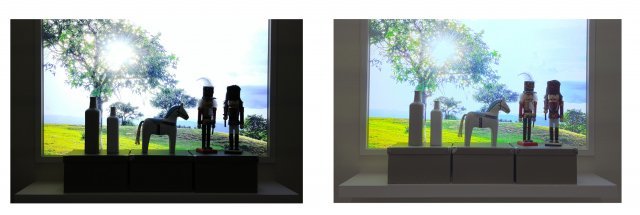 역광 보정 기능이 동작 중인 한화테크윈 와이즈넷 엑스(오른쪽 사진)의 화면이 일반 CCTV 영상(왼쪽 사진)보다 밝고 피사체 식별도 뚜렷하다. 한화테크윈 제공