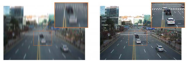 일반 CCTV 영상 화면(왼쪽 사진)과 자이로센서 기능이 동작 중인 한화테크윈 와이즈넷 엑스(오른쪽 사진)의 화질. 바람과 진동에 흔들리지 않고 안정된 영상을 지원한다. 한화테크윈 제공
