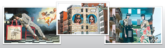 구찌의 2018 봄여름 광고 캠페인 ‘유토피안 판타지’ 중 프란치스코 고야의 판화 작품 ‘이성의 잠은 괴물을 낳는다’를 떠올리게 하는 일러스트(왼쪽). 구찌는 이달에도 뉴욕과 밀라노의 건물 벽에 일러스트를 그리는 ‘아트월 프로젝트’를 진행하고 있다(가운데 및 오른쪽). 구찌 제공