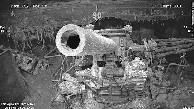 제2차 세계대전 때 침몰했다가 76년 만에 호주 인근 산호해 해저에서 발견된 미국 항공모함 렉싱턴함의 잔해. CNN 화면 캡처