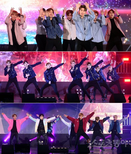 NCT 127, NCT U, NCT DREAM(위쪽부터)이 14일 열린 ‘NCT 2018 엠파시’ 쇼케이스에서 화려한 공연을 펼치고 있다. 김종원 기자 won@donga.com