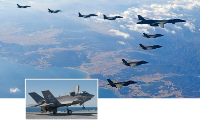 2017년 12월 6일 한국공군 F-16 2대, F-15K 2대, 美 B-1B 1대, F-35A 2대, F-35B 2대(왼쪽부터)가 편대를 이루어 한반도 상공을 비행하고 있다.(위) F-35B 수직 이착륙 스텔스 전투기. [공군 제공]