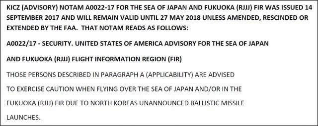 북한이 기습적으로 발사하는 미사일이 지나가거나 떨어지는 동해와 일본 후쿠오카 비행정보구역을 지나는 비행기에 각별한 주의를 당부하는 미연방항공청(FAA) 발표 내용. (내용과 별도로 FAA가 동해를 ‘SEA OF JAPAN(일본해)’로 표기한 점은 여러 모로 안타깝고 아쉬운 부분입니다.)