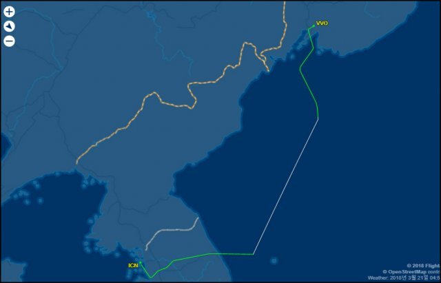 러시아의 S7항공과 오로라항공이 인천과 블라디보스토크를 오갈 때 비행하는 경로. 평양FIR을 통과합니다. 자료 flightaware.com
