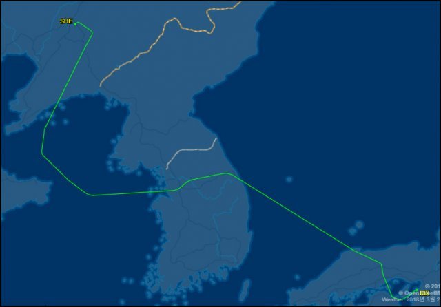 중국 셴양에서 일본 오사카로 가는 중국남방항공 611편의 비행 경로. 자료 flightaware.com