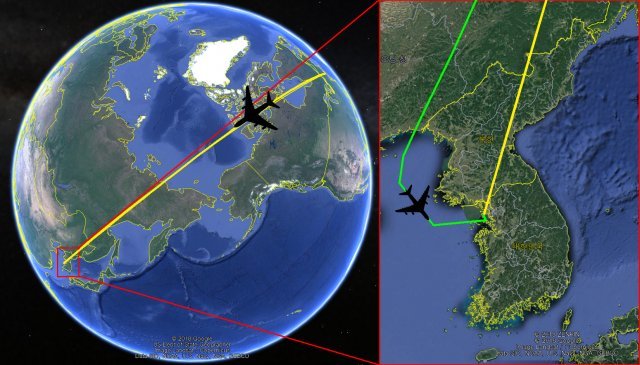 뉴욕과 인천을 잇는 지구상 최단거리. 북한을 통과하는 방법이 가장 짧은 길임을 알 수 있습니다. 자료 : 구글어스