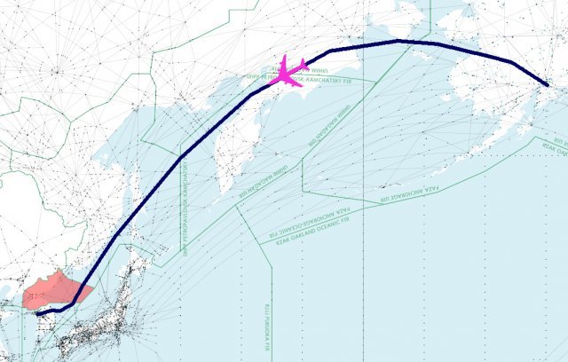 1998년 당시 대한항공 258편의 비행 경로. 좌측 하단 붉게 표시된 구역이 북한 평양 비행정보구역입니다.(상세 경로는 다소 차이날 수 있습니다.)