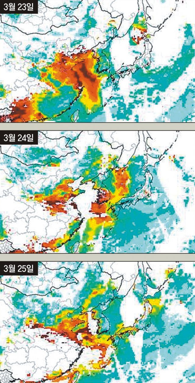 미국항공우주국(NASA)의 광학위성 테라와 아쿠아에 탑재된 관측장비가 측정한 대기 중 먼지(에어로졸) 농도 데이터를 김순태 
아주대환경공학과 교수와 배창한 연구원 팀이 가공해 시각화했다. 기존 위성 영상에 보이던 수증기나 구름 들이 제거돼 미세먼지의 
움직임만 더욱 정확히 관찰할 수 있다. 김순태 교수 제공