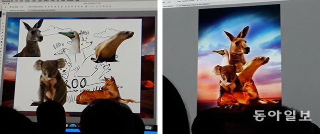 디자이너가 그린 캥거루, 오리, 물개 등 동물 스케치를 어도비의 인공지능 센세이가 인식해 그에 상응하는 실제 동물 사진들을 띄워 
준다(왼쪽 사진). 어도비 익스피리언스 클라우드(디지털 마케팅 솔루션)에 적용된 센세이는 배경 이미지도 자동으로 제시(오른쪽 
사진)해줘 짧은 시간에 고품질의 영화 포스터를 만들게 해줬다. 라스베이거스=신무경 기자 yes@donga.com
