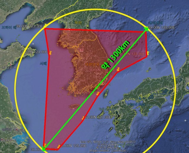 한국 방공식별구역과 거리.