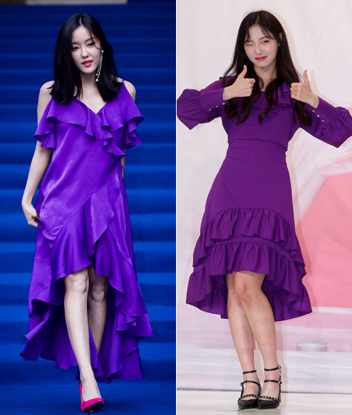 온통 ‘보랏빛’ 물결이다. 2018 봄 컬러인 울트라 바이올렛이 스타들의 마음까지 물들였다. 사진은 티아라 출신 효민(왼쪽)과 모모랜드의 연우. 사진｜스포츠동아DB·스포츠코리아