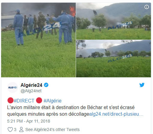 알제리 군용기 추락 …최소 수십명~최대 200명 탑승 추정/현지매체 Algerie24 트위터 캡처.