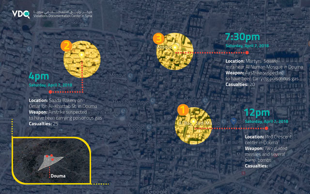시리아 인권감시단체 위반기록센터(VDC)가 추정한 7일 시리아 정부군의 화학무기 공격 시간과 장소가 표시된 지도. 이날 오후 시리아 정부군의 러시아제 헬리콥터가 화학물질이 담긴 통폭탄을 두 차례 투하해 최소 45명이 숨진 것으로 VDC는 추정하고 있다. 시리아 위반기록센터(VDC) 제공